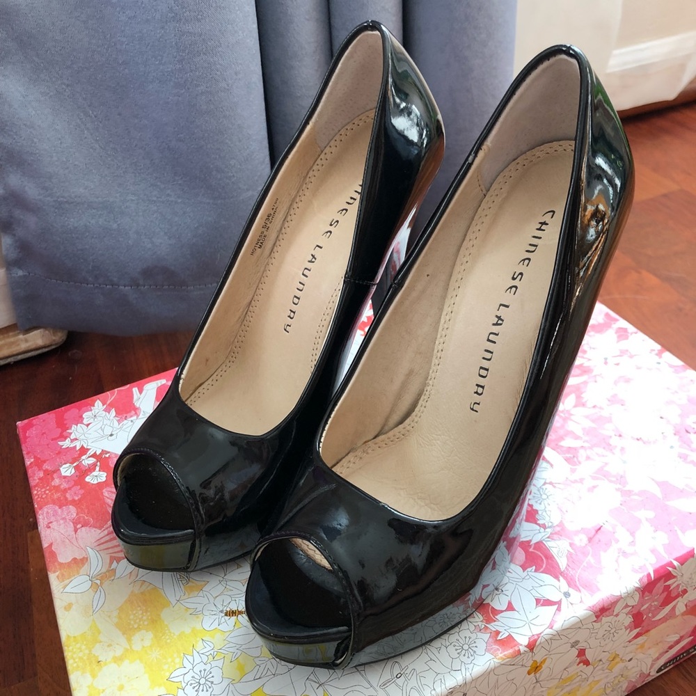 CL patent black peep toe platform heels